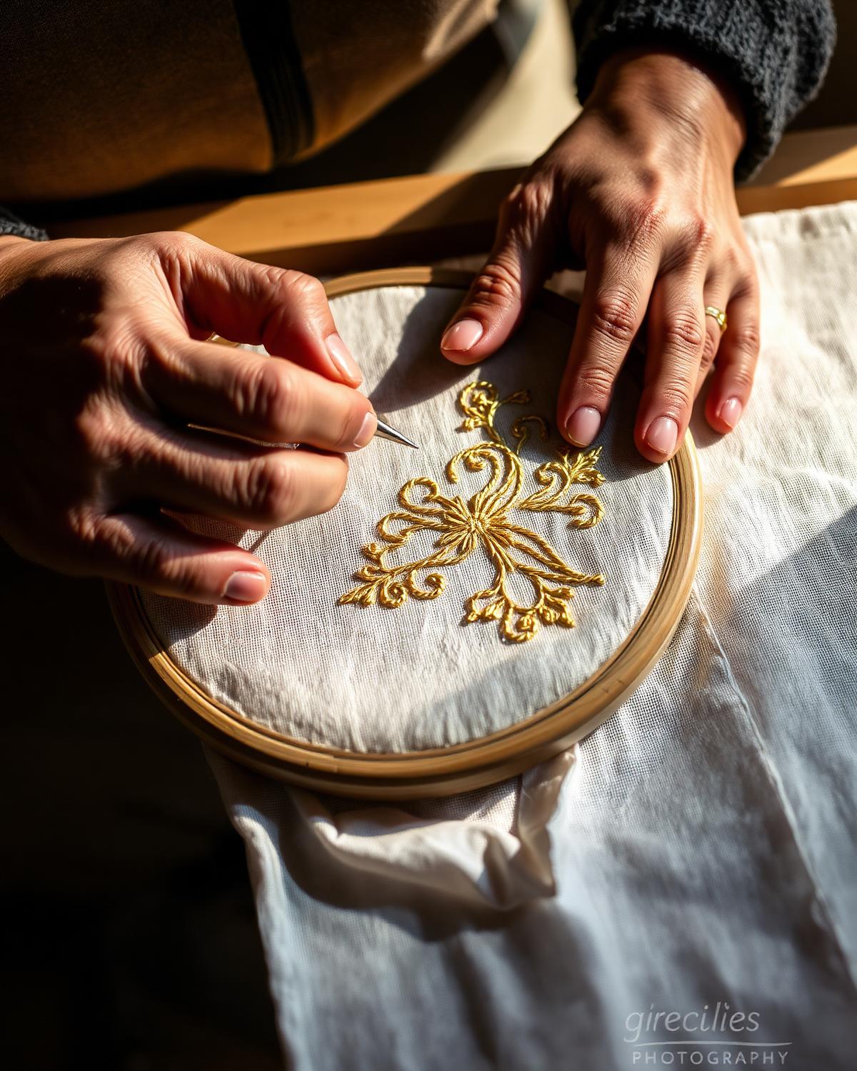 Artisan hand-embroidering gold thread on silk